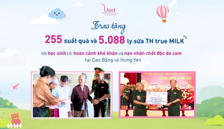 295 suất quà và 5.088 ly sữa TH true MILK đã được trao tặng tới học sinh có hoàn cảnh khó khăn và các nạn nhân chất độc da cam tại Cao Bằng và Hưng Yên.